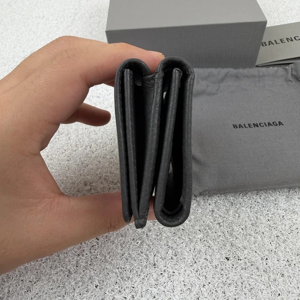 Balenciaga Wallet Black Grained Leather‎ Trifold Logo 531592 DLQAN 3766 U NEW